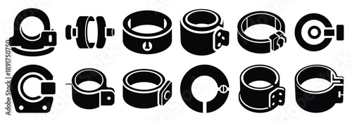 industrial locking collar silhouette vector icons set, industrial machinery parts abstract mechanical illustration.