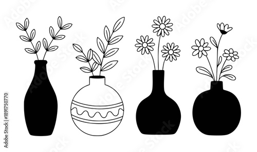 Black and white vases with floral arrangements and leaves flower leaf