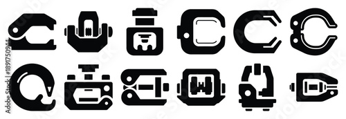 industrial machine fastening silhouette vector icons set, industrial machinery parts abstract mechanical illustration.