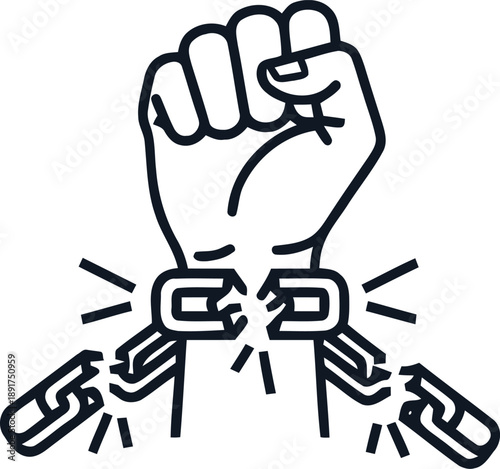 Clenched fist breaking metal chains representing liberation revolution human rights justice and freedom from oppression