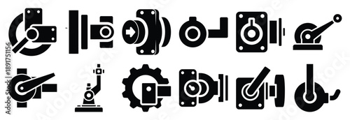 industrial machine rotation silhouette vector icons set, industrial machinery parts abstract mechanical illustration.