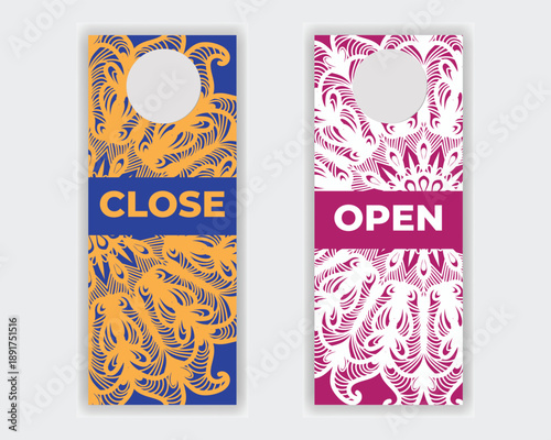 Printable door hanger office, shop, store open close sign with ornamental style design