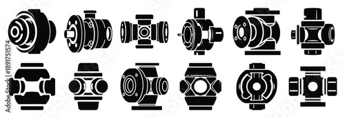 industrial rotary joint silhouette vector icons set, industrial machinery parts abstract mechanical illustration.