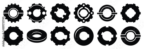industrial thrust washer silhouette vector icons set, industrial machinery parts abstract mechanical illustration.
