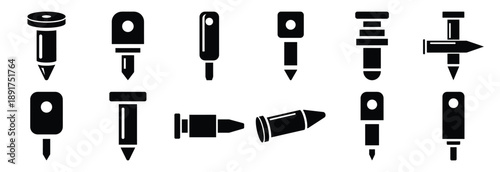 machine alignment pin silhouette vector icons set, industrial machinery parts abstract mechanical illustration.