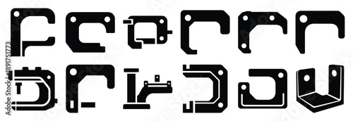 machine alignment bracket silhouette vector icons set, industrial machinery parts abstract mechanical illustration.