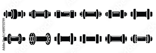 machine axle silhouette vector icons set, industrial machinery parts abstract mechanical illustration.