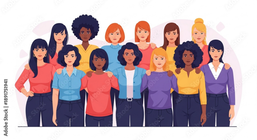 Obraz premium Diverse group of women standing together in unity and solidarity with colorful clothing