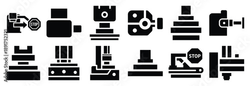 machine guide stop silhouette vector icons set, industrial machinery parts abstract mechanical illustration.