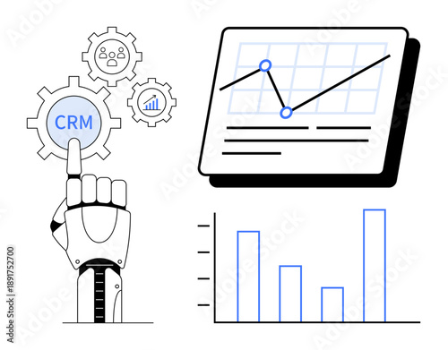 Robotic arm interacts with CRM gear beside charts, graphs, and analytics interface. Ideal for automation, business strategy, AI tools, CRM systems, digital transformation, data visualization simple