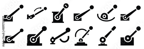 machine oscillating lever silhouette vector icons set, industrial machinery parts abstract mechanical illustration.