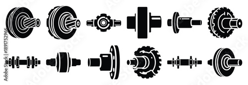 machine rotary shaft silhouette vector icons set, industrial machinery parts abstract mechanical illustration.