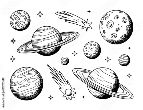Hand drawn space featuring planets comets and stars in black and white style galaxy