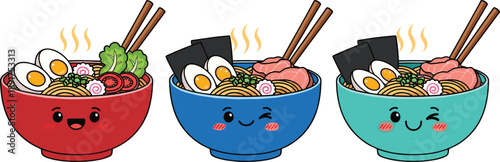 Cartoon bowls of ramen noodle soup with smiling faces and various toppings
