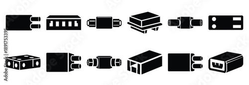 metal connector block silhouette vector icons set, industrial machinery parts abstract mechanical illustration.