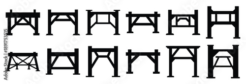 metal support frame silhouette vector icons set, industrial machinery parts abstract mechanical illustration.