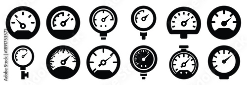 pressure gauge silhouette vector icons set, industrial machinery parts abstract mechanical illustration.
