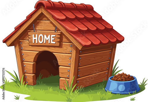 Cartoon dog house with red roof and food bowl wooden home sign
