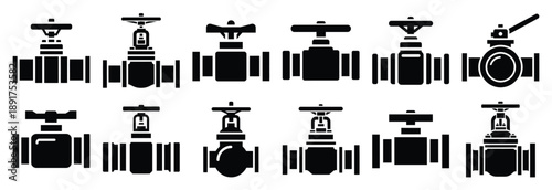 pressure valve silhouette vector icons set, industrial machinery parts abstract mechanical illustration.