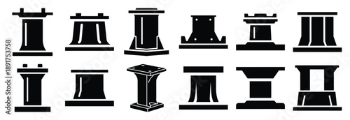 steel machine base silhouette vector icons set, industrial machinery parts abstract mechanical illustration.