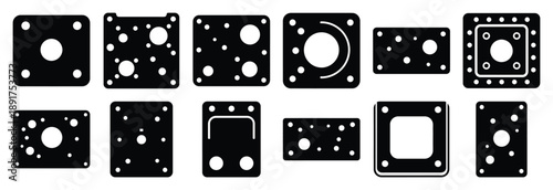 steel machine backing silhouette vector icons set, industrial machinery parts abstract mechanical illustration.