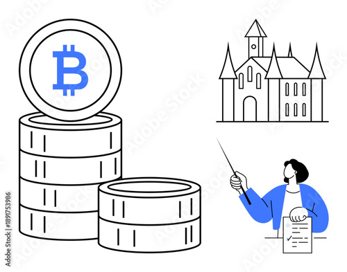 Stacked Bitcoin coins, educator holding paper and pointer, castle representing institutions. Ideal for cryptocurrency, education, finance, technology, investment, decentralization traditional