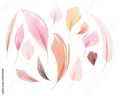 A beautiful set of delicate watercolor leaves in shades of pink, peach, and light brown. These translucent leaves float gracefully on a pure white background, perfect for gentle designs.