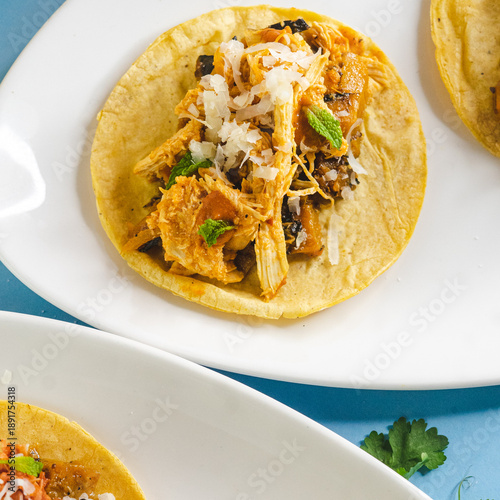 Mexican Chicken Taco with Shredded Meat and Cheese, Top View