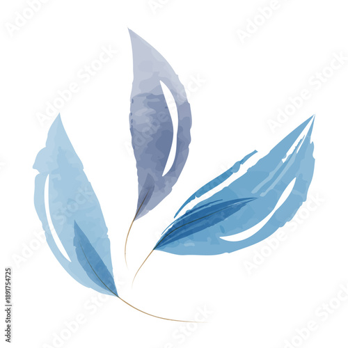 Three light and medium blue watercolor leaves are delicately arranged against a pure white background. The gentle brushstrokes create a soft, natural, and calming botanical illustration.