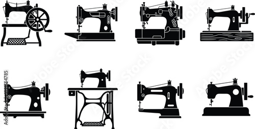 Set of vintage sewing machine silhouettes in various styles, showcasing historical design evolution for textile, tailoring, and retro-themed vector illustration use.
