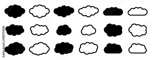 Arrangement of filled and outlined cloud shapes in black and white, representing weather, atmosphere, digital data storage, and abstract concepts on clean background