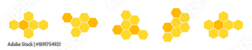 Arrangement of yellow and orange honeycomb cells in various geometric formations displaying hexagonal shapes representing sweet honey production and natural patterns on white background
