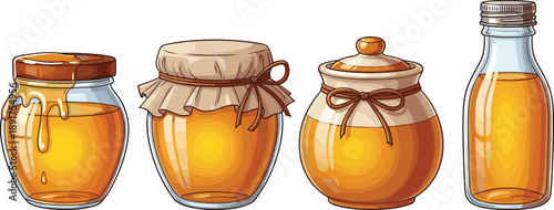 Honey jars and bottle with golden honey liquid golden liquid food