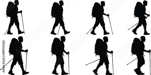 Silhouettes of hikers walking with backpacks and trekking poles