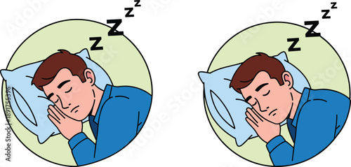 Sleeping man on pillow with zzz above head in blue shirt