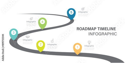 Infographic template design for business. 5 Steps Modern Timeline diagram with road journey concept. Presentation vector infographic template.