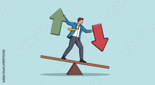 Businessman Balancing Up and Down Arrows on Seesaw.