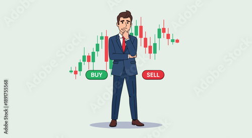 Businessman contemplating stock market trading decisions with buy and sell options.