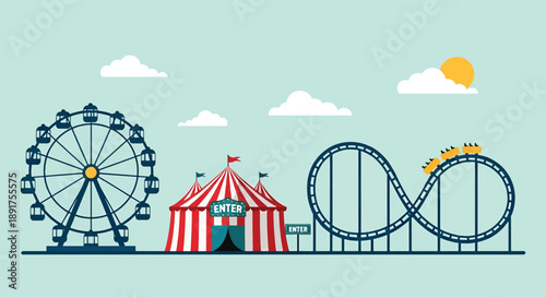Amusement Park Scene with Ferris Wheel and Roller Coaster.