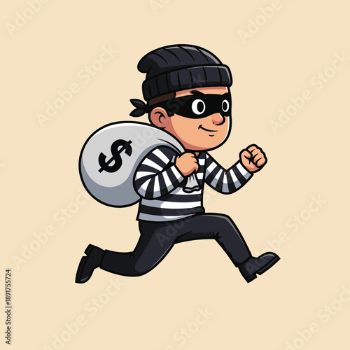 Cartoon Thief Running with Money Bag Vector.