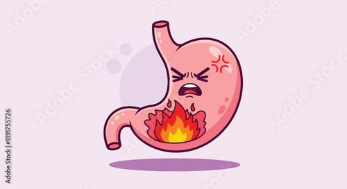Cartoon Stomach Character with Fire and Angry Face.
