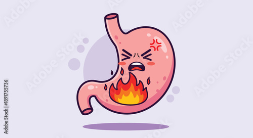 Cartoon Stomach Burning with Fire and Anger.