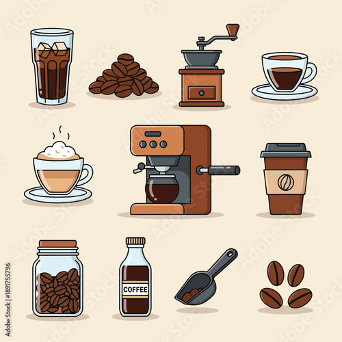 Collection of Coffee Related Items and Drinks.