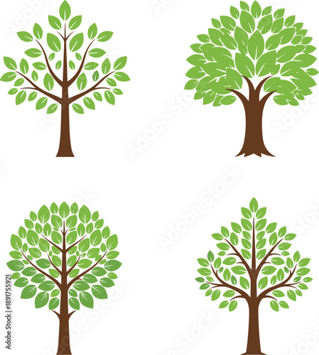 Green Tree Icon Set with Flat Leaf Trees for Nature Eco Environment Logo Branding Web App and Sustainability Design