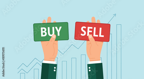 Hands holding Buy and Sell signs with stock market graph background.