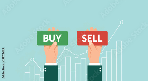Hands holding buy and sell signs with stock market graph background Illustration.