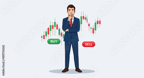 Trader contemplating buy or sell decision with stock market chart background.