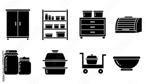 Black silhouette icons representing various kitchen storage and cooking elements