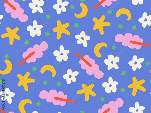 A playful kids illustration pattern featuring moon, stars, flowers, and trees in bright colors, suitable for children backgrounds, nursery decor, and creative surface design.