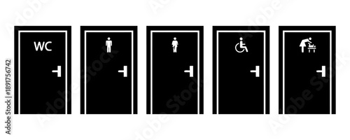 Bathroom door signs collection, including WC, men, women, disabled access, and baby changing facilities, representing public restroom identification and accessibility symbols, clear signage